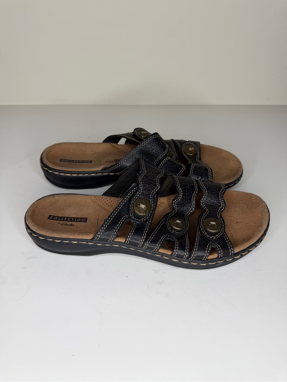 clarks collection soft cushion sandals Women Size 9M Black Leather Slides Straps